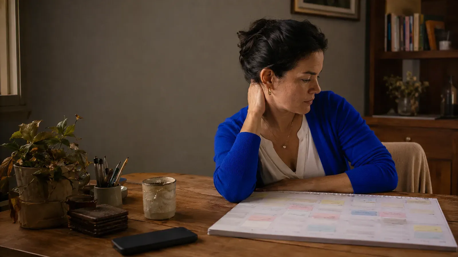 Psicóloga organizando a agenda semanal em um planner de papel sobre a mesa do consultório