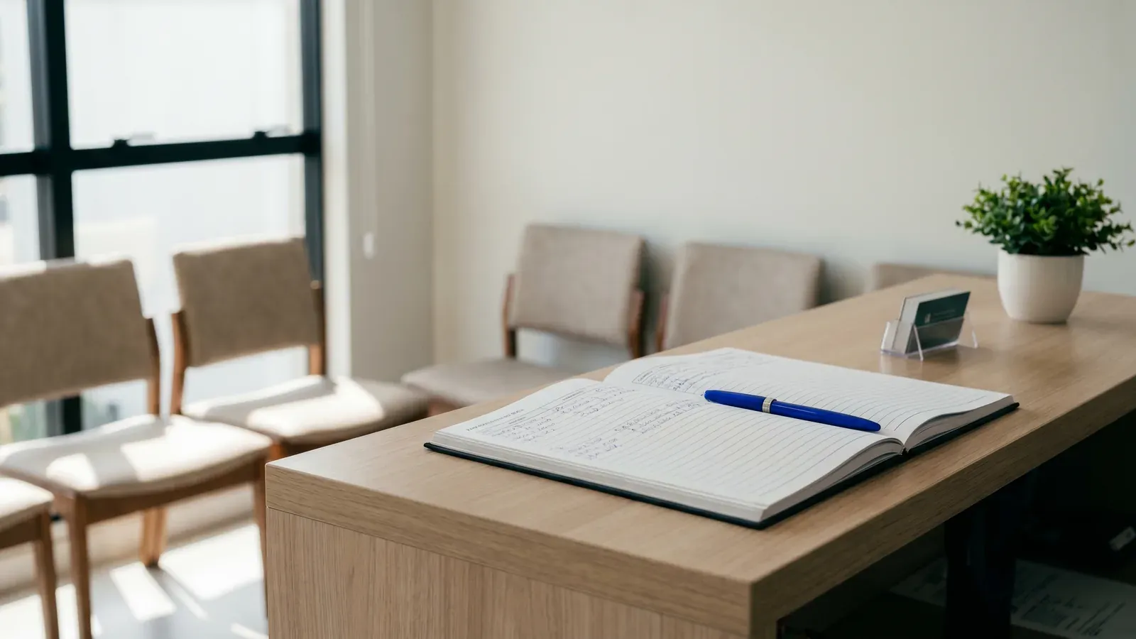 Balcão de recepção de clínica odontológica com agenda de mesa aberta e caneta, e cadeiras de espera ao fundo
