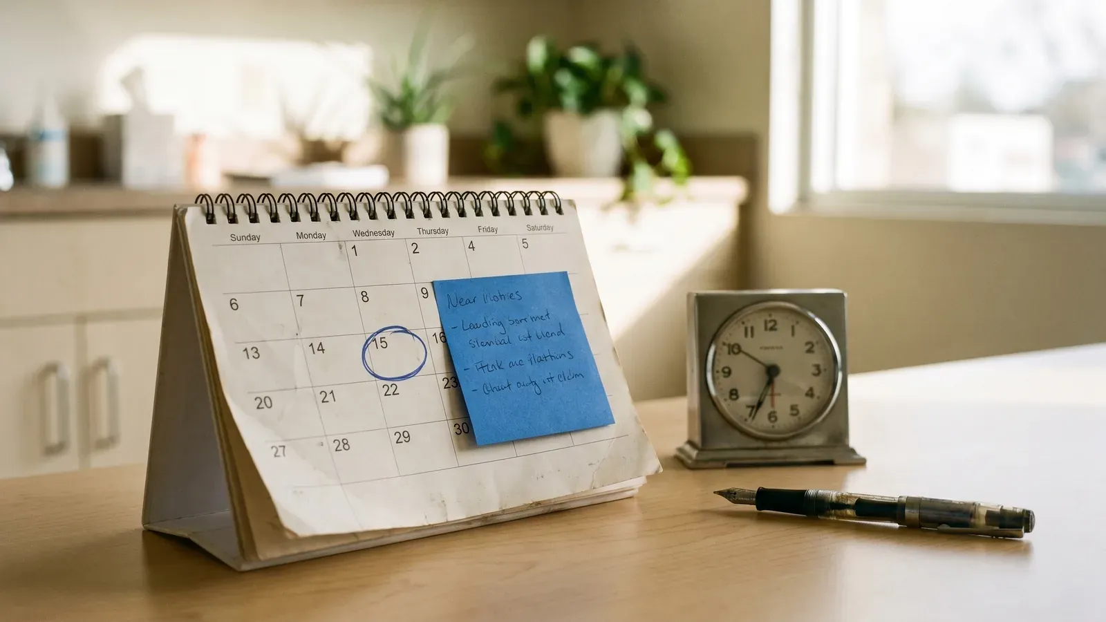 Calendário de mesa com datas marcadas, um post-it de lembrete azul e um pequeno relógio sobre a escrivaninha