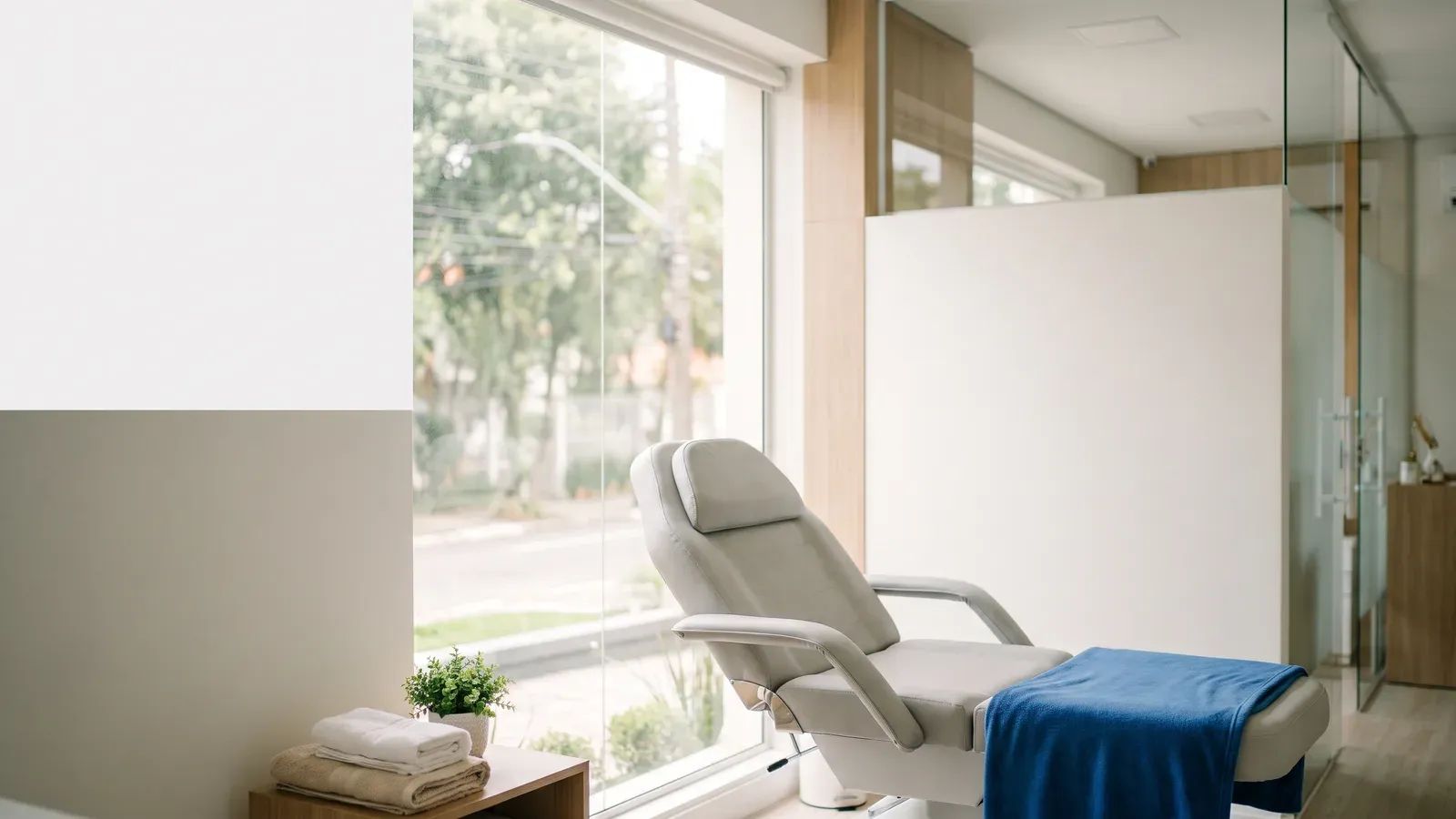 Poltrona de tratamento estético vazia junto a uma janela iluminada em uma clínica de estética moderna
