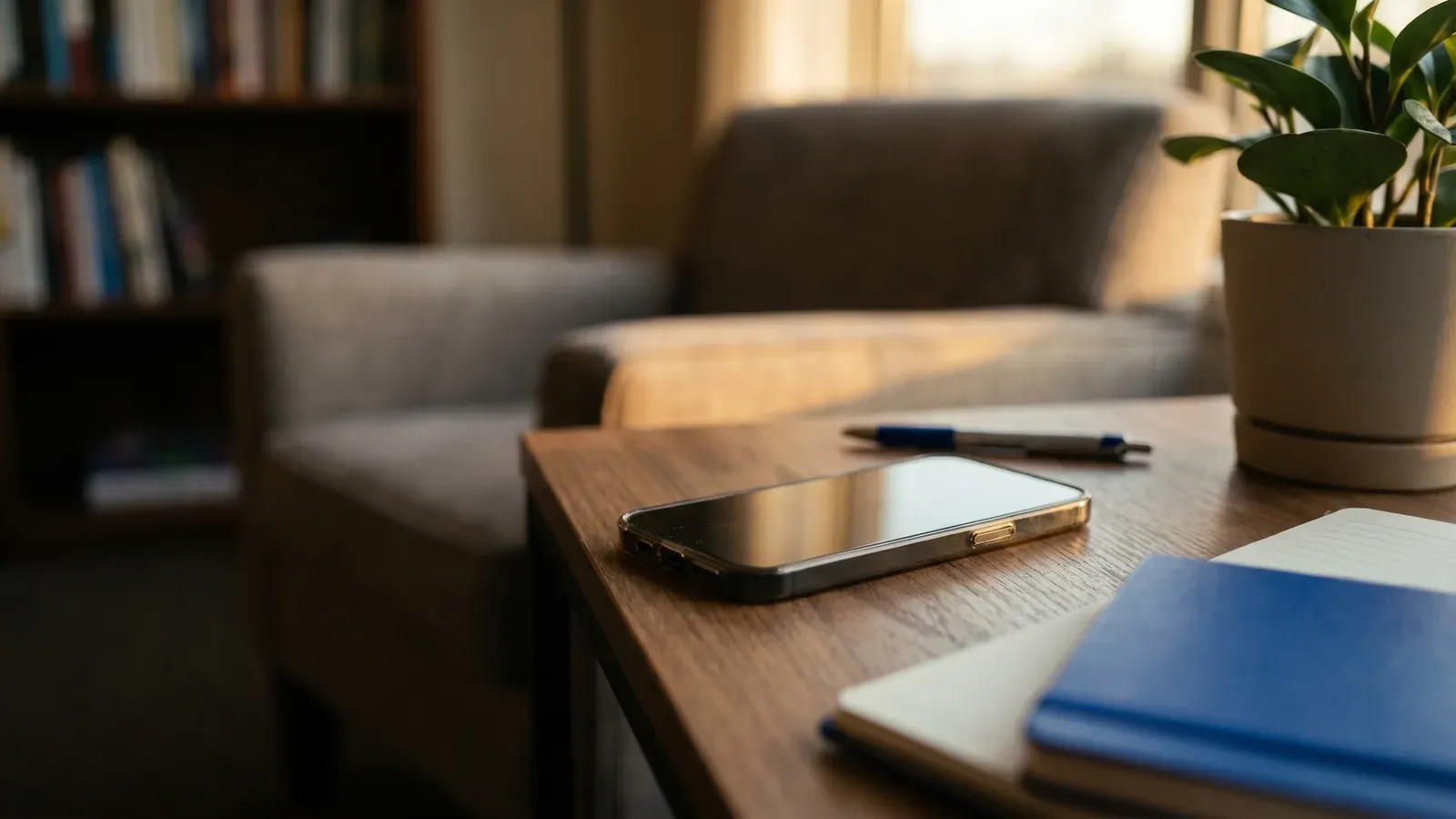 Smartphone sobre a mesa lateral de um consultório de psicologia ao entardecer, ao lado de um caderno azul e uma planta