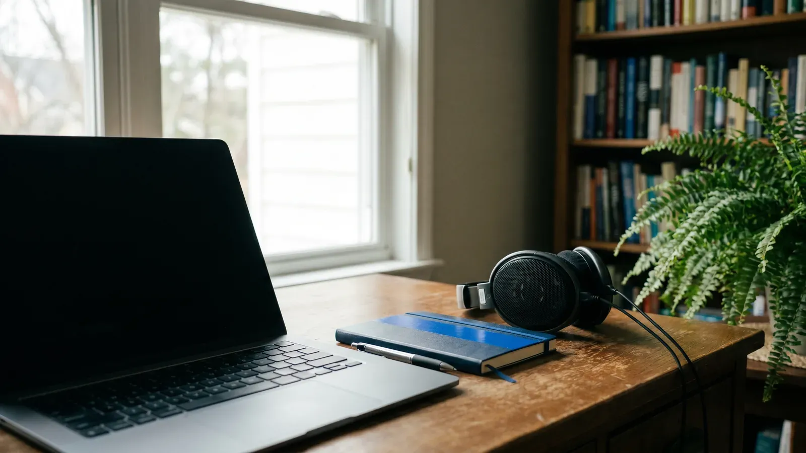 Notebook aberto visto por trás em um home office aconchegante preparado para teleconsulta, com fones de ouvido e um caderno